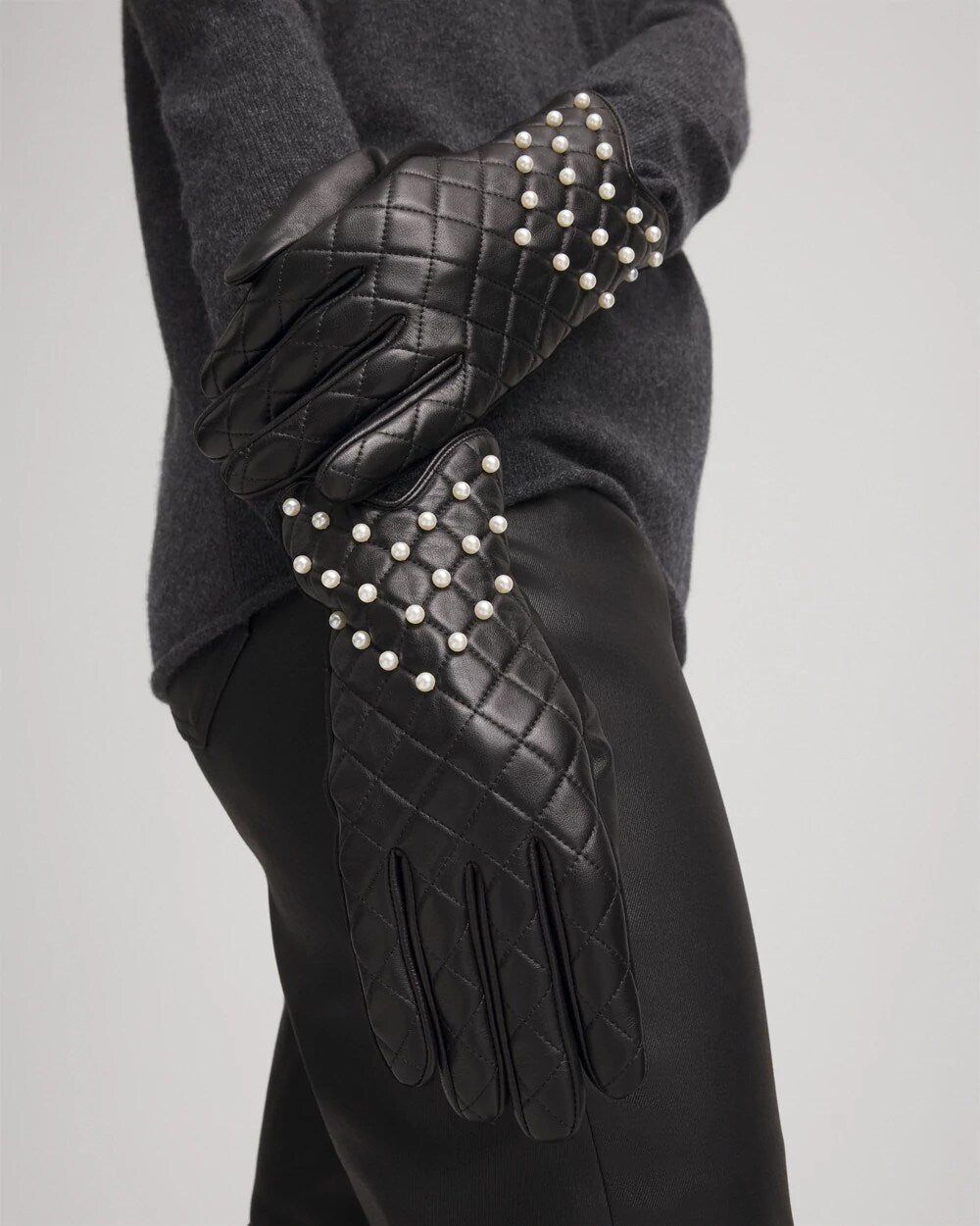 Chico's Women | Leather Pearl Quilted Gloves BLACK