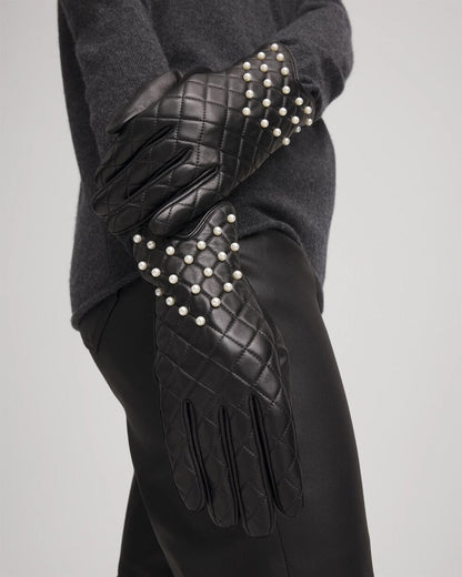 Chico's Women | Leather Pearl Quilted Gloves BLACK