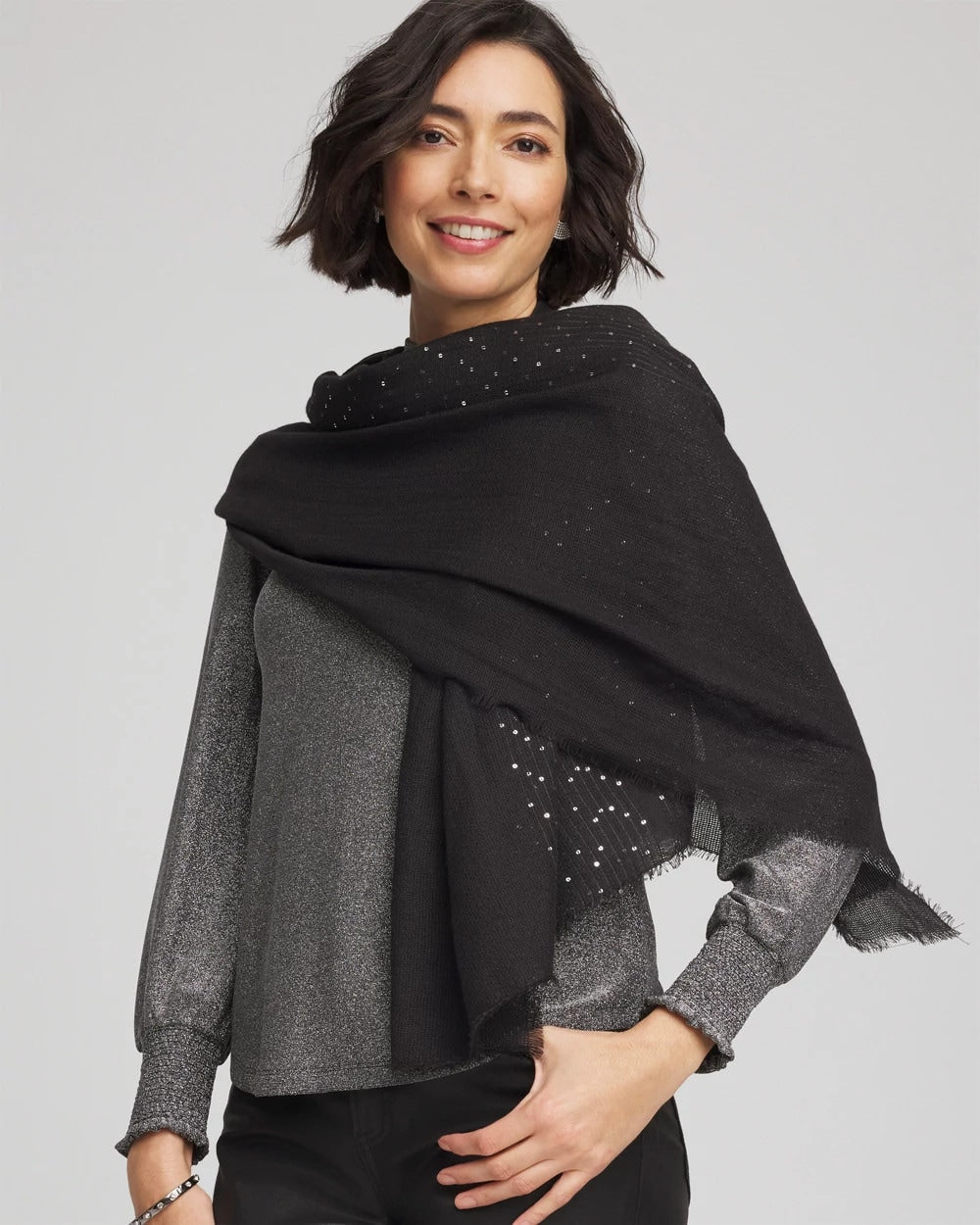 Chico's Women | Metallic Stripe Oblong Scarf BLACK