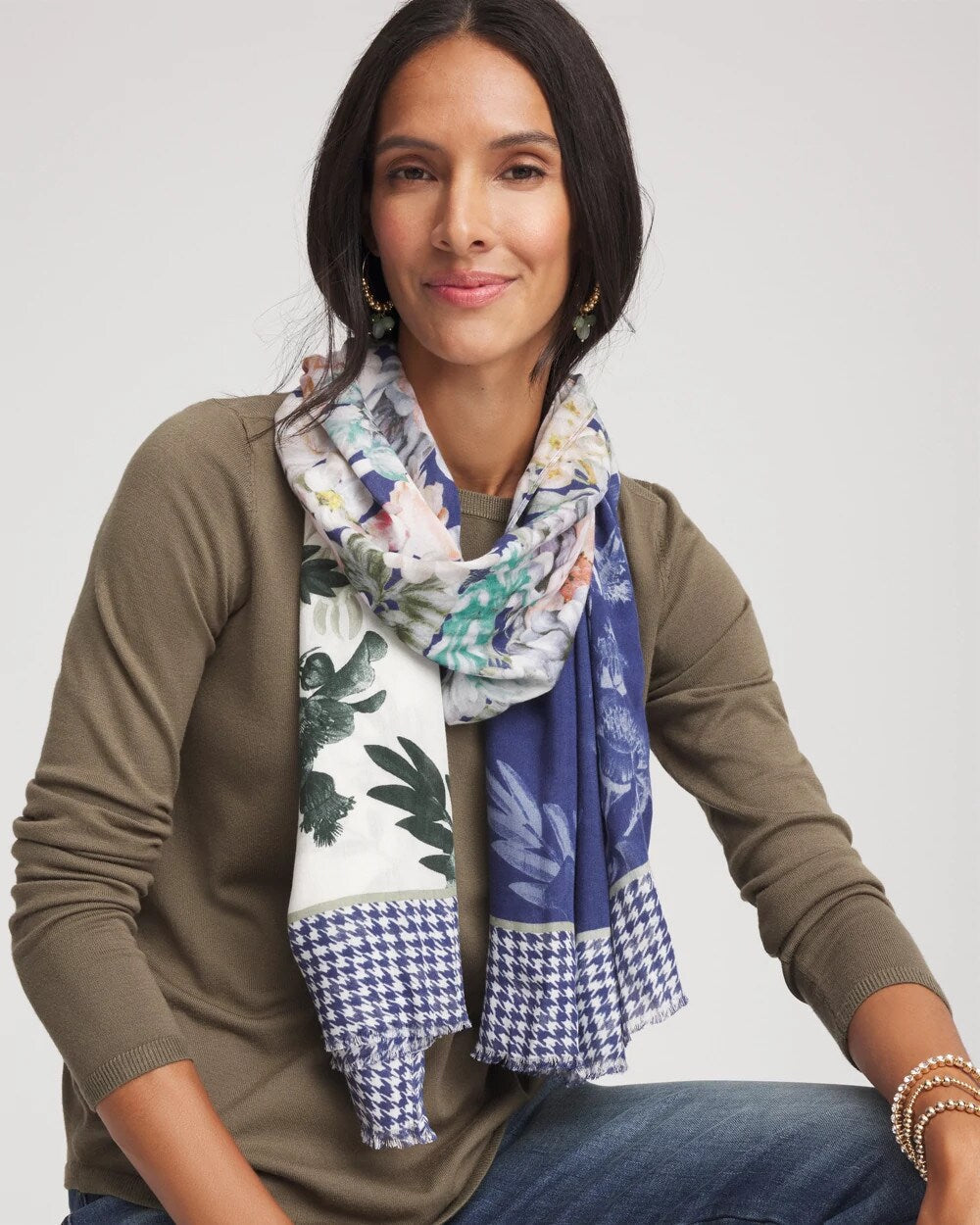Chico's Women | Colorblock Floral-Print Oblong Scarf ECRU
