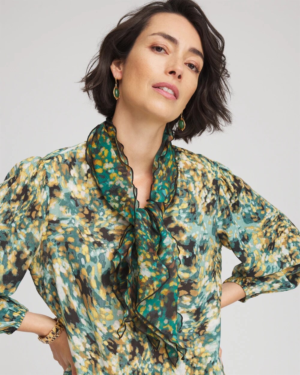 Chico's Women | Printed Woven Ruffled Neck Scarf DARKEST SPRUCE