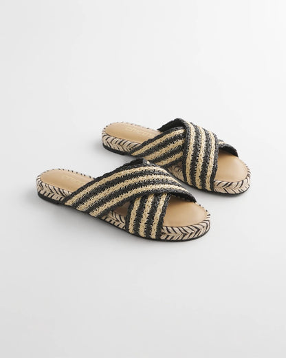Chico's Women | Striped Raffia Cross-Strap Slide Sandal BLACK RAFFIA