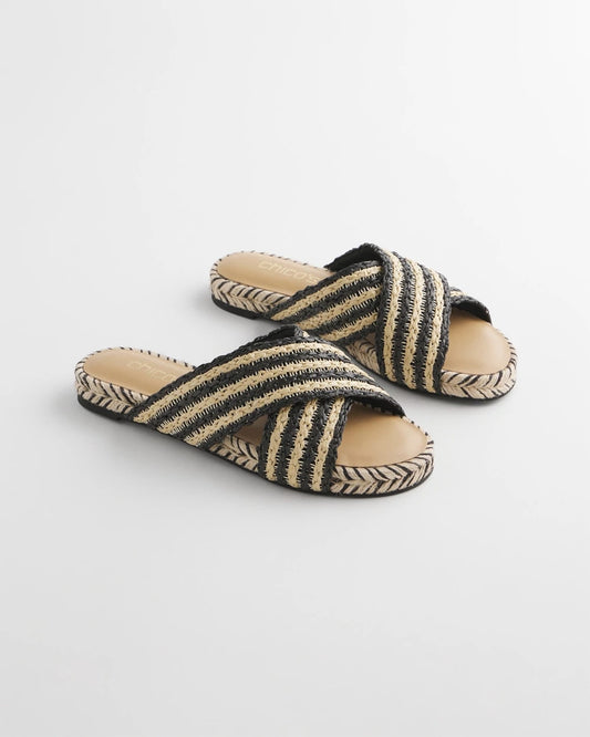 Chico's Women | Striped Raffia Cross-Strap Slide Sandal BLACK RAFFIA