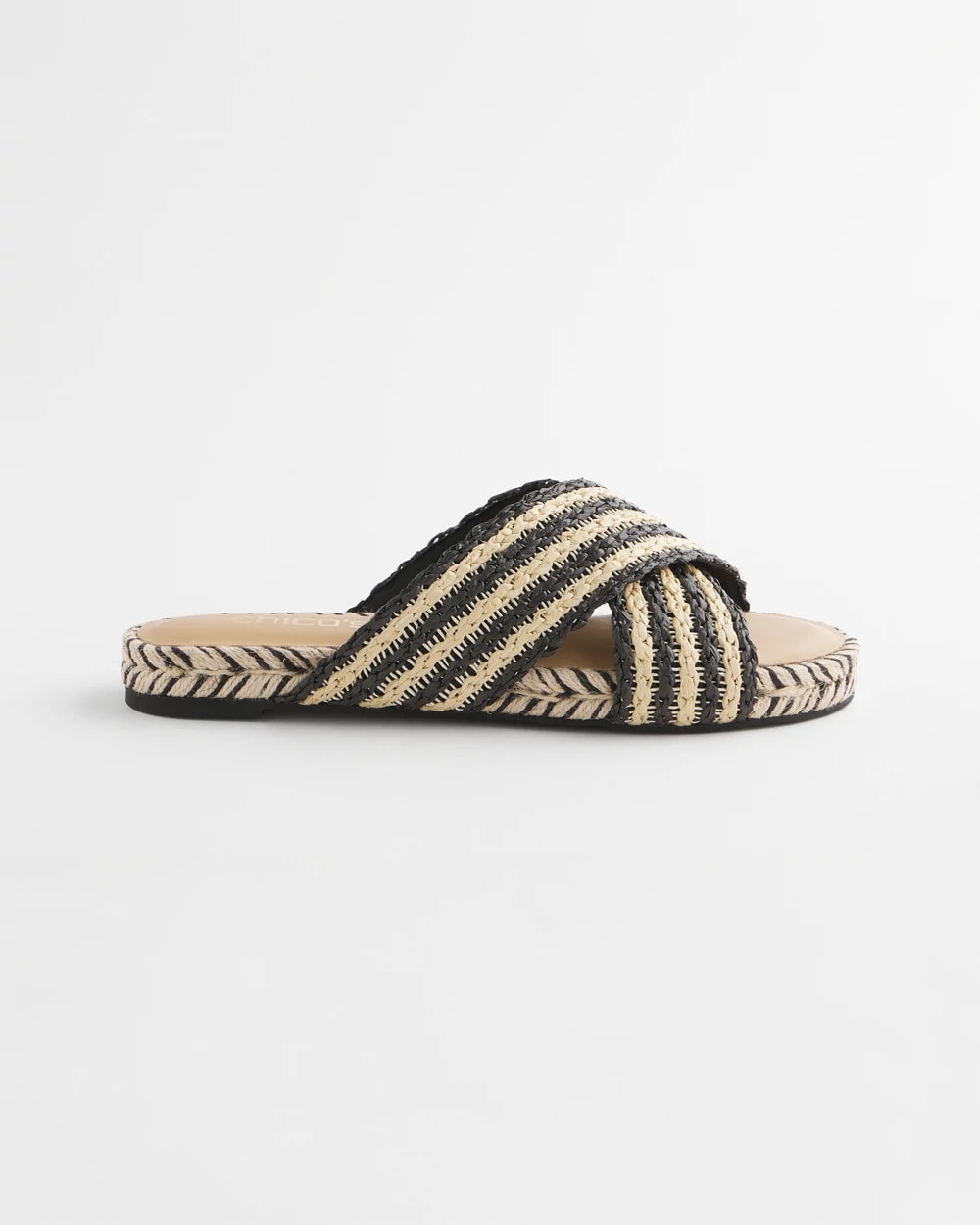 Chico's Women | Striped Raffia Cross-Strap Slide Sandal BLACK RAFFIA