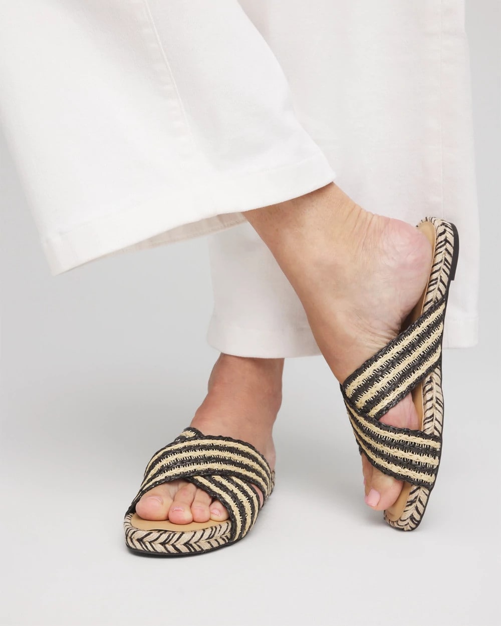 Chico's Women | Striped Raffia Cross-Strap Slide Sandal BLACK RAFFIA