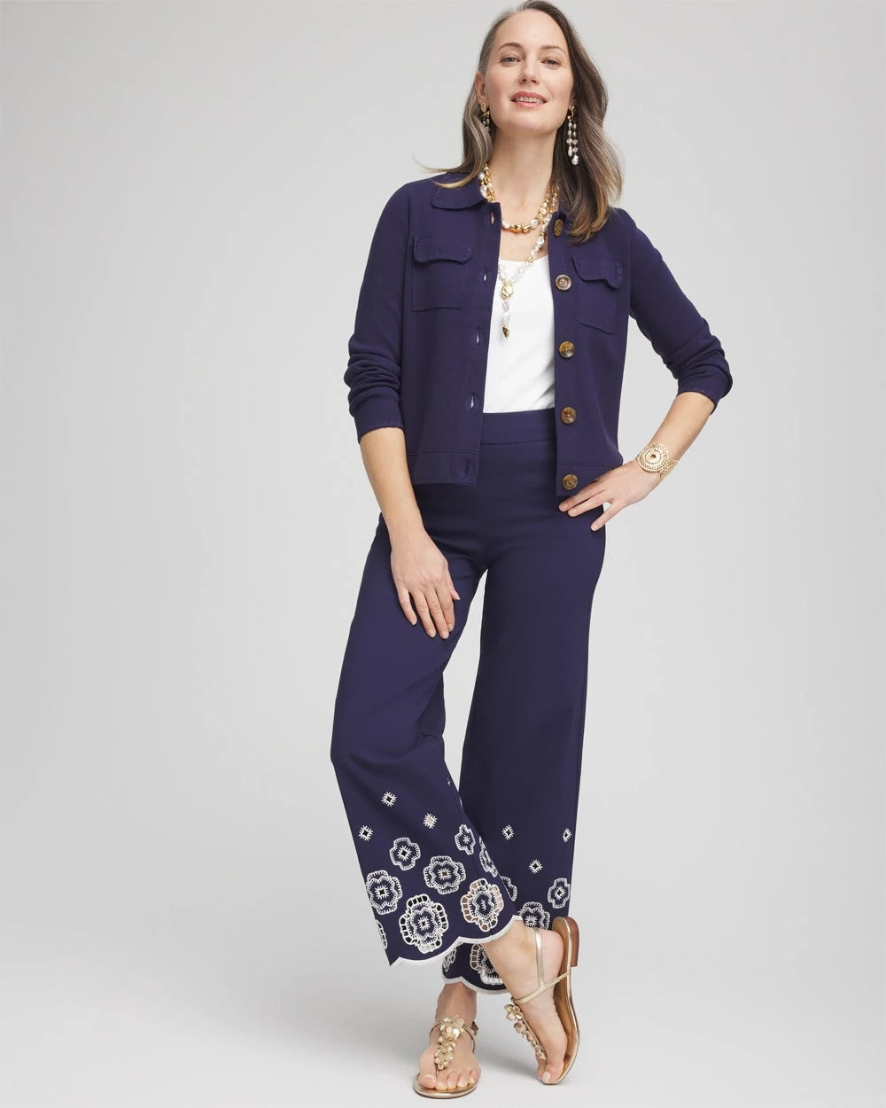 Chico's Women | Petite Brigitte™ 180 Embroidered Wide-Leg Cropped Pants PASSPORT BLUE
