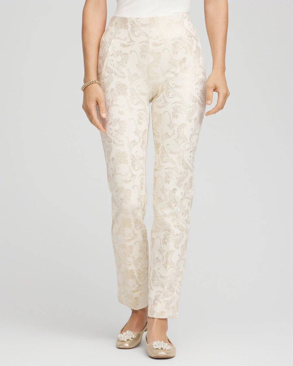 Chico's Women | Petite Juliet Golden Foiled Slim Ankle Pants ENGLISH CREAM