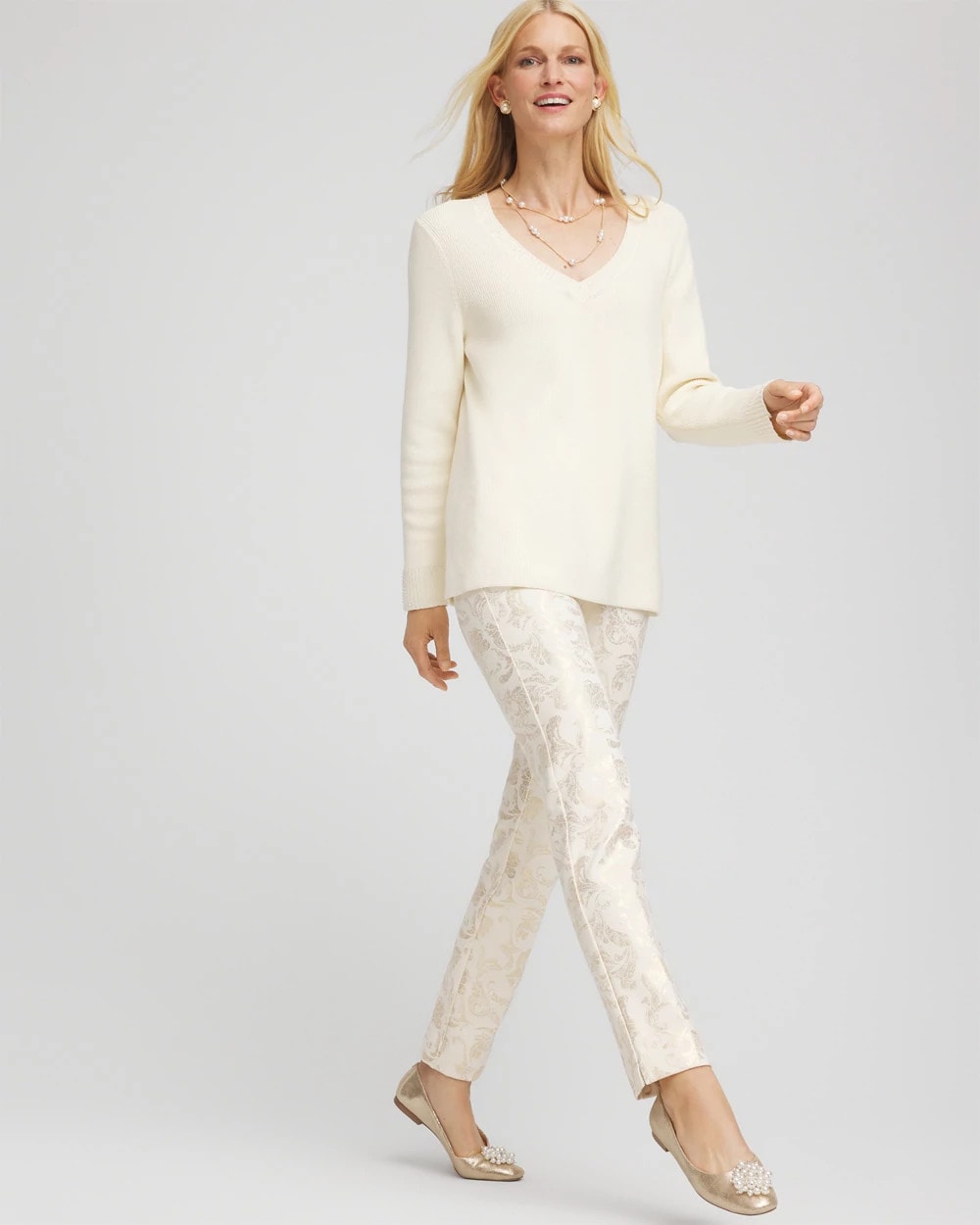 Chico's Women | Petite Juliet Golden Foiled Slim Ankle Pants ENGLISH CREAM