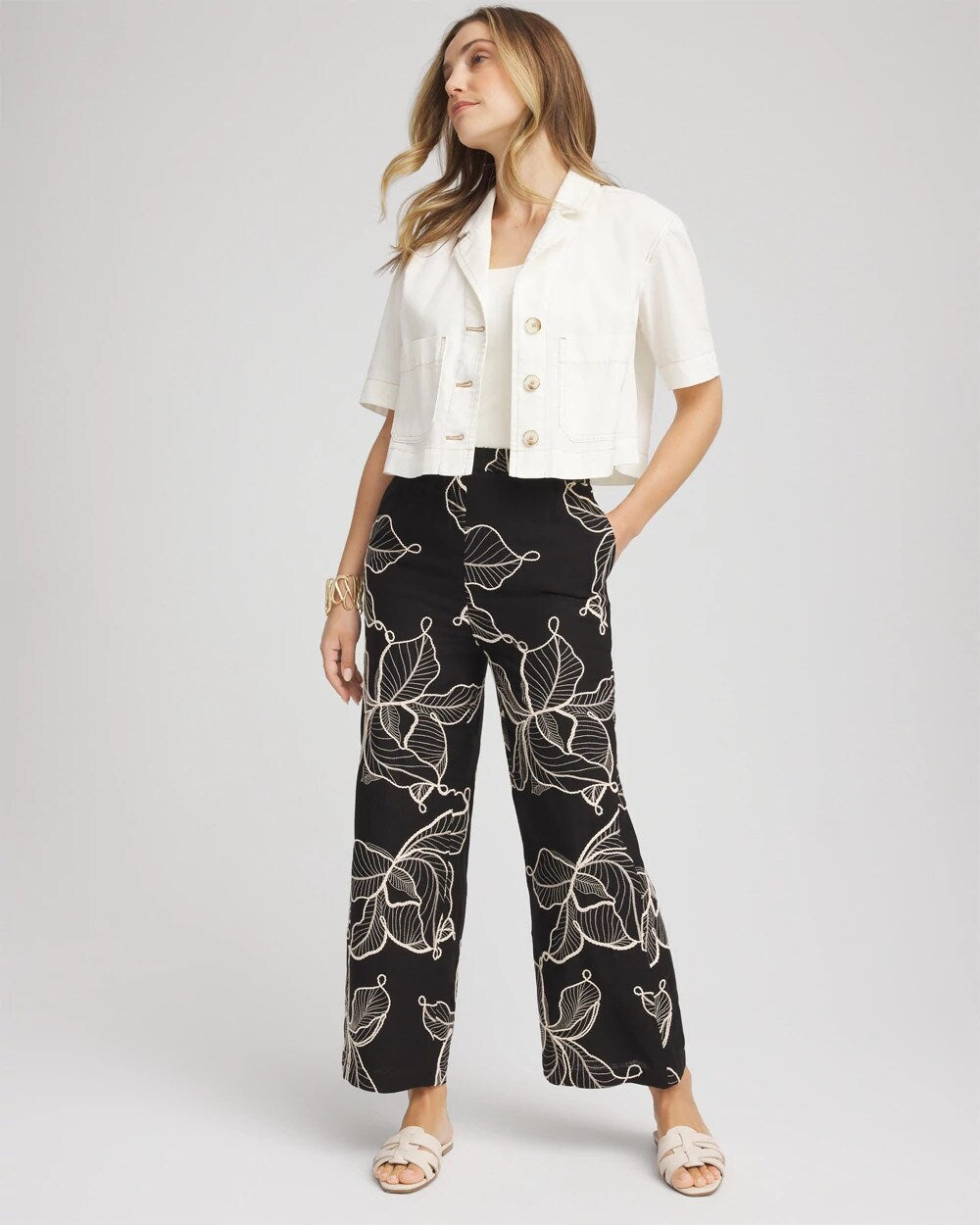 Chico's Women | Petite Embroidered Wide-Leg Cropped Pants BLACK