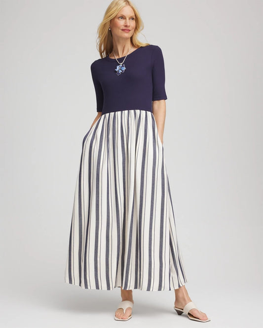 Chico's Women | Petite Mixed Metallic Striped Maxi Dress ECRU