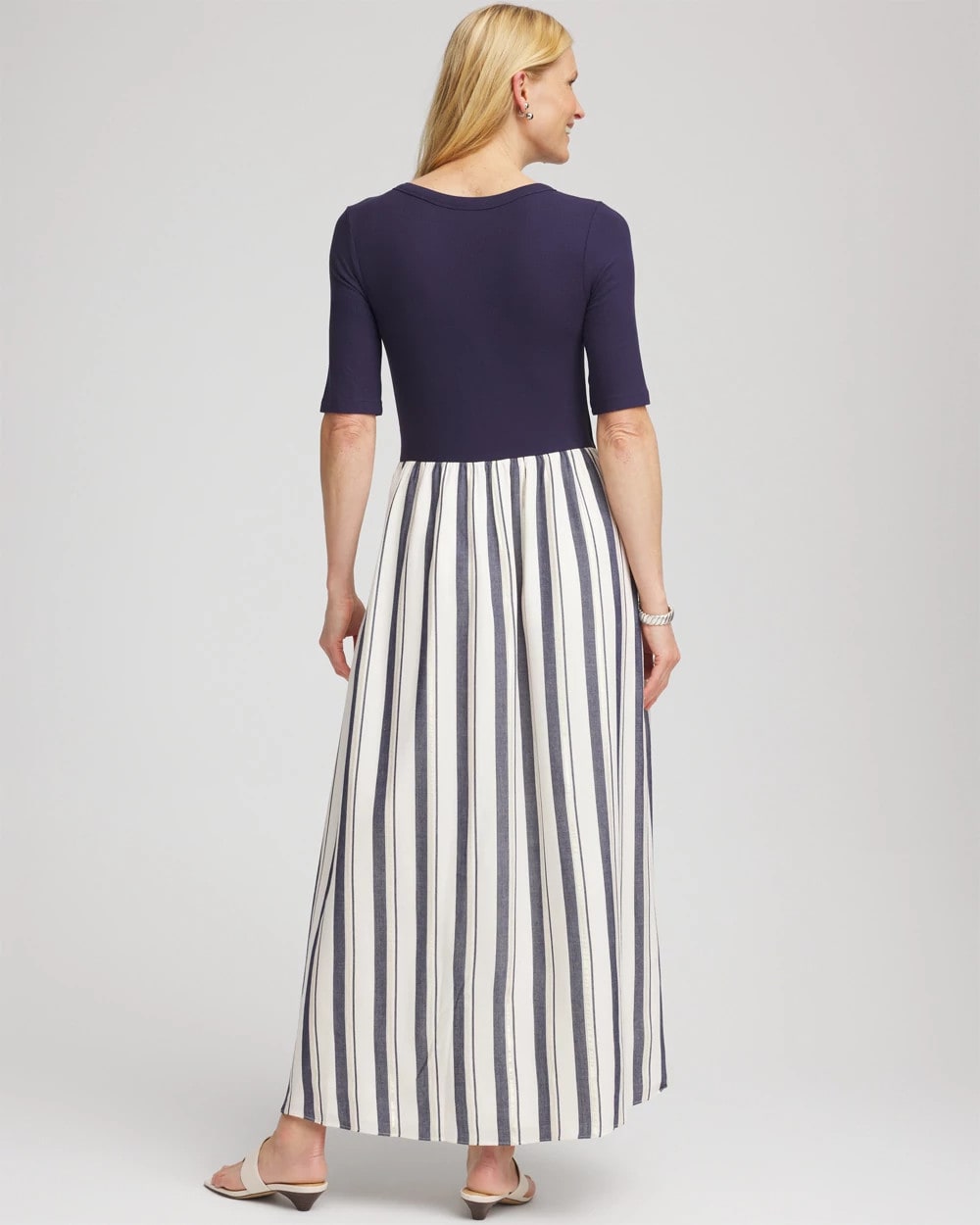 Chico's Women | Petite Mixed Metallic Striped Maxi Dress ECRU