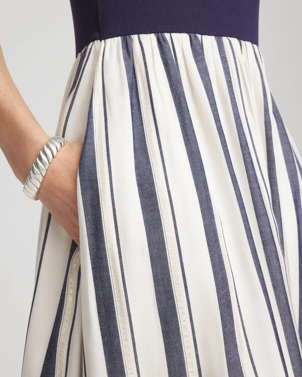 Chico's Women | Petite Mixed Metallic Striped Maxi Dress ECRU