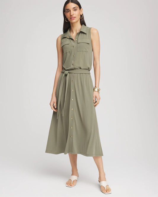 Chico's Women | Petite Travelers™ Knit Sleeveless Shirtdress DUSTY OLIVE