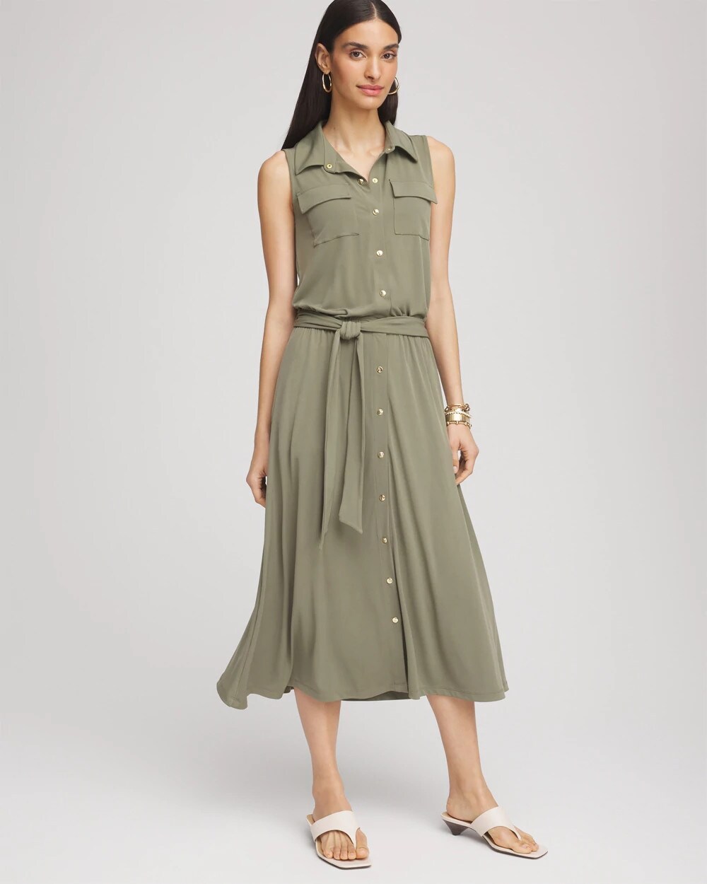 Chico's Women | Petite Travelers™ Knit Sleeveless Shirtdress DUSTY OLIVE