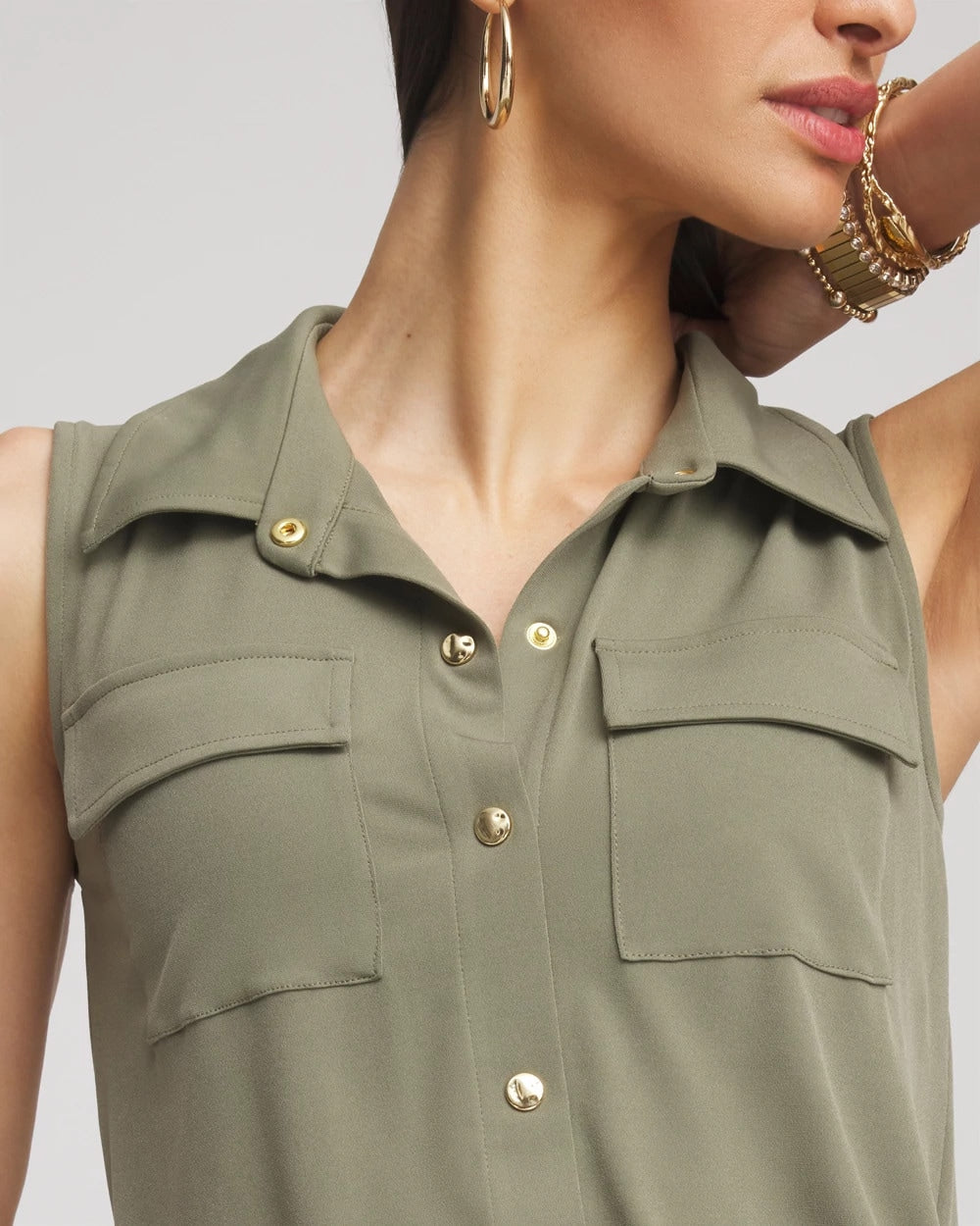 Chico's Women | Petite Travelers™ Knit Sleeveless Shirtdress DUSTY OLIVE