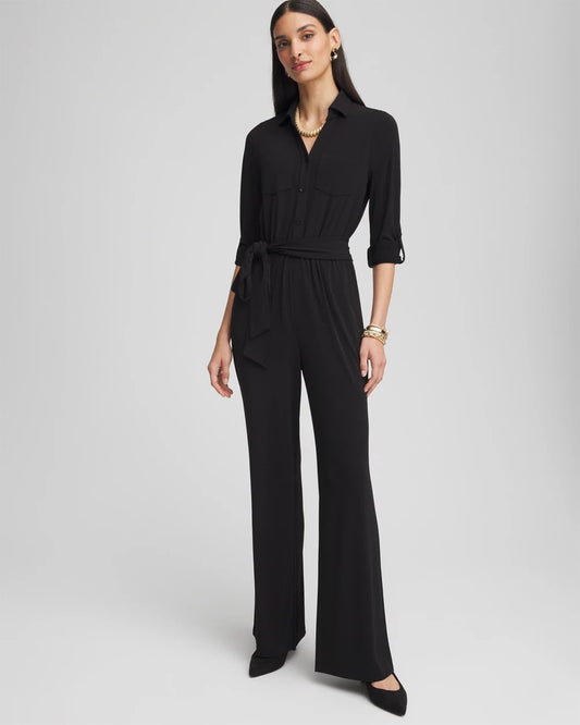 Chico's Women | Petite Belted Jersey Maxi Jumpsuit BLACK
