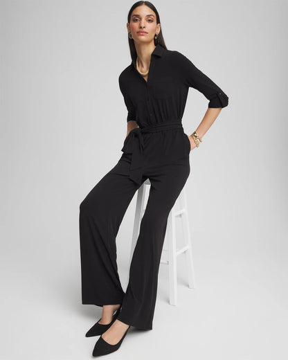 Chico's Women | Petite Belted Jersey Maxi Jumpsuit BLACK