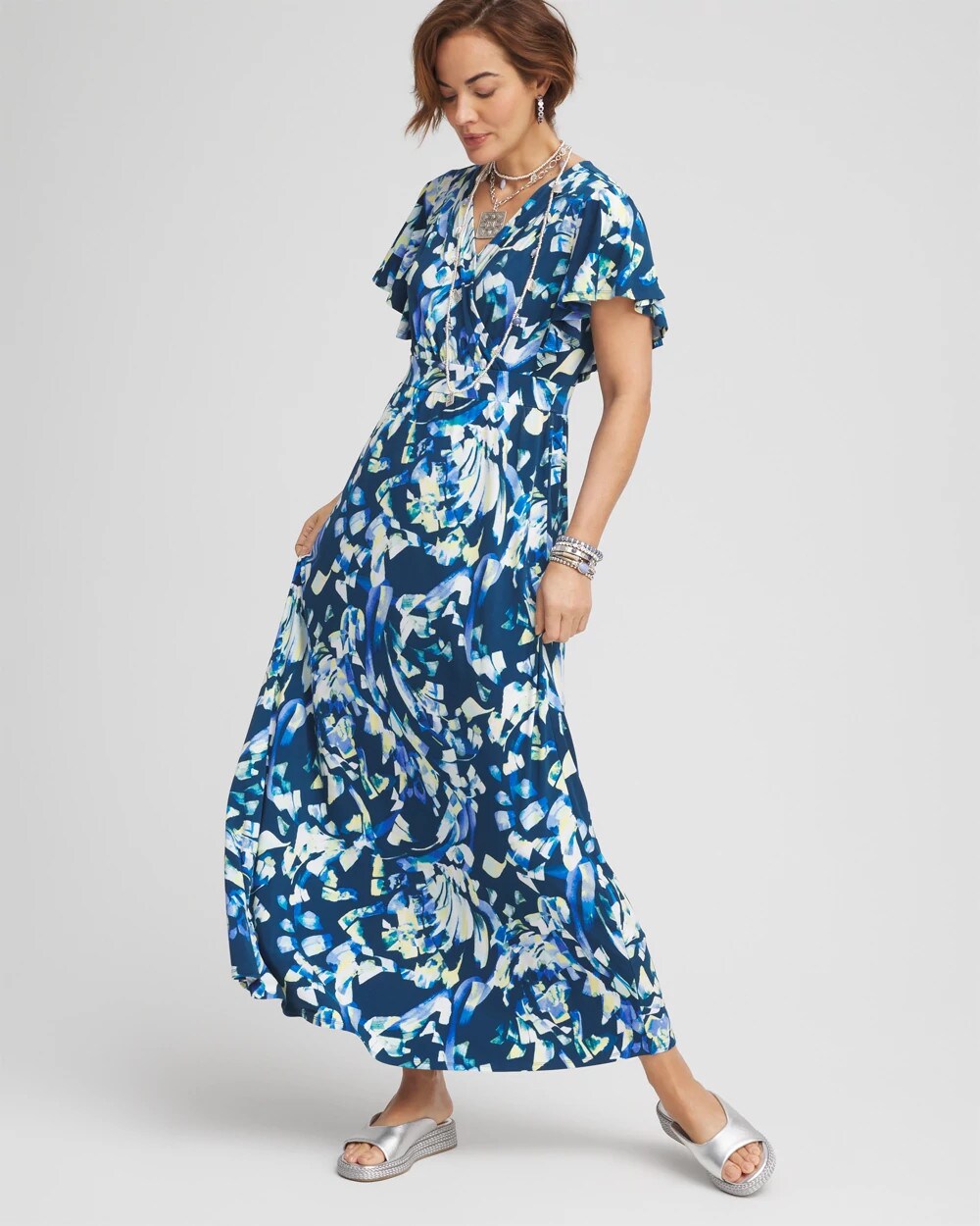Chico's Women | Petite Flutter Sleeved Jersey Maxi Dress SEAPORT BLUE