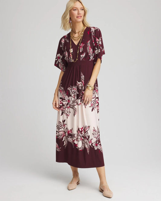 Chico's Women | Petite Floral Flutter-Sleeve Maxi Dress BLACK