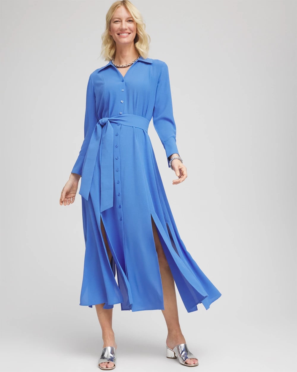 Chico's Women | Belted Split Hem Maxi Shirtdress BLUE PEARL