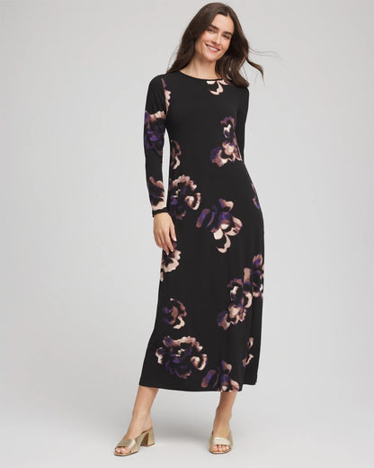 Chico's Women | Petite Floral Boatneck Column Maxi Dress BLACK