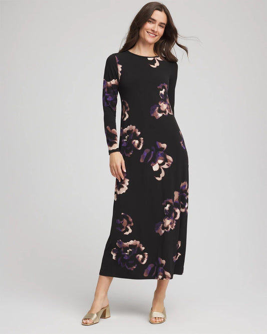 Chico's Women | Petite Floral Boatneck Column Maxi Dress BLACK