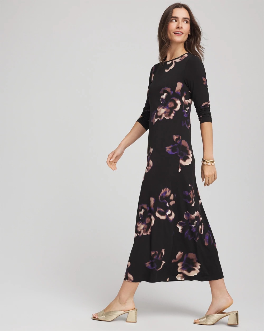 Chico's Women | Petite Floral Boatneck Column Maxi Dress BLACK