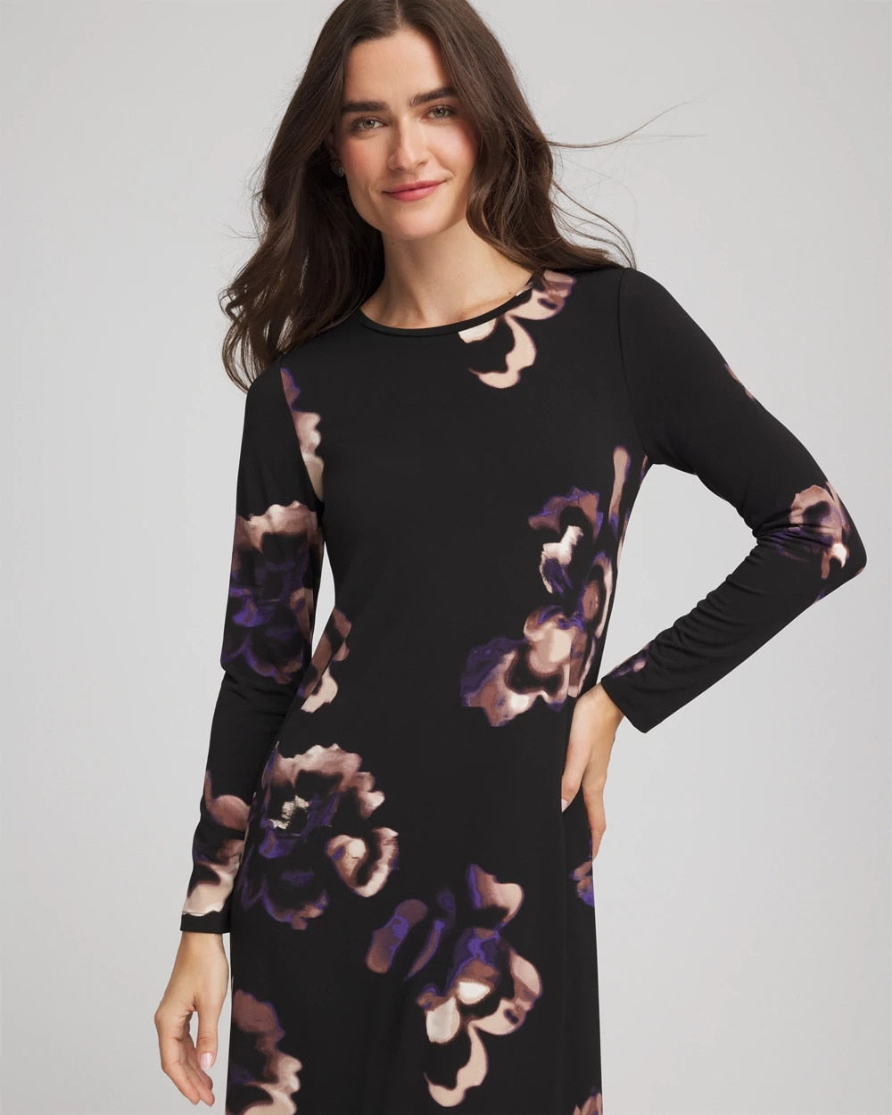Chico's Women | Petite Floral Boatneck Column Maxi Dress BLACK