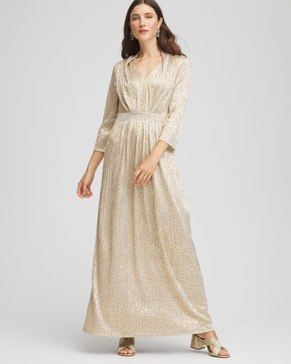 Chico's Women | Petite Metallic Knit Pleated Maxi Dress GOLD