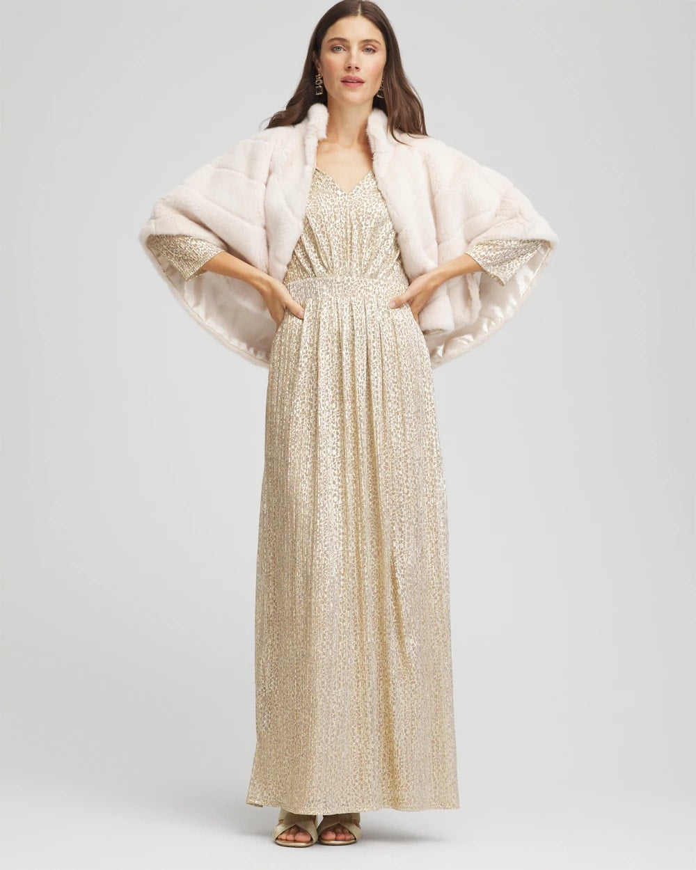 Chico's Women | Petite Metallic Knit Pleated Maxi Dress GOLD