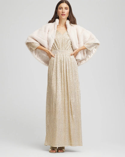 Chico's Women | Petite Metallic Knit Pleated Maxi Dress GOLD