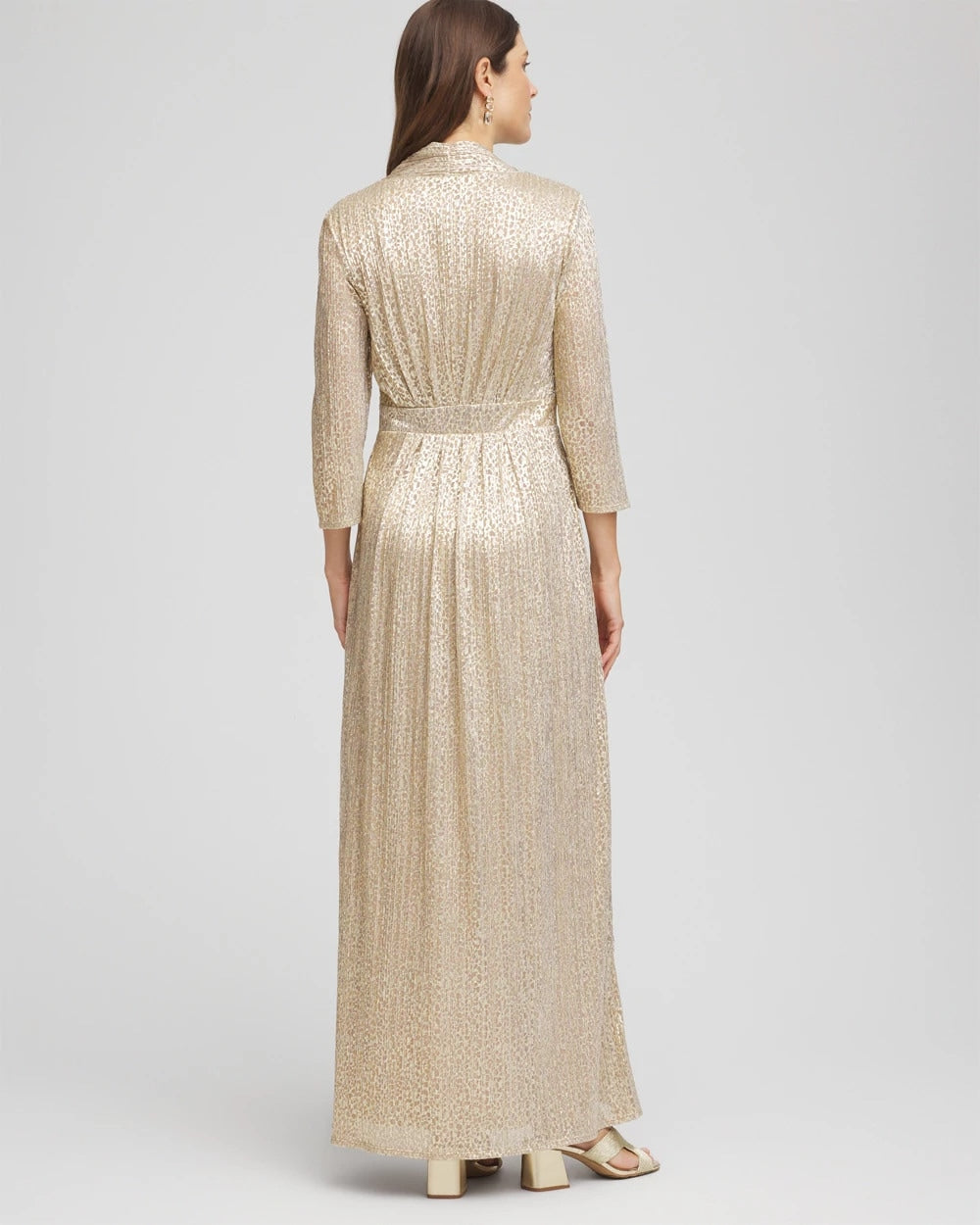 Chico's Women | Petite Metallic Knit Pleated Maxi Dress GOLD