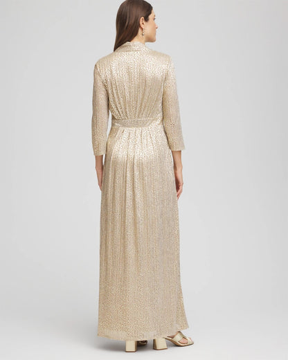 Chico's Women | Petite Metallic Knit Pleated Maxi Dress GOLD