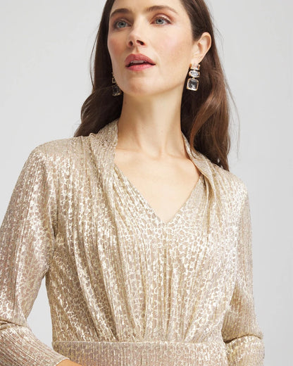 Chico's Women | Petite Metallic Knit Pleated Maxi Dress GOLD