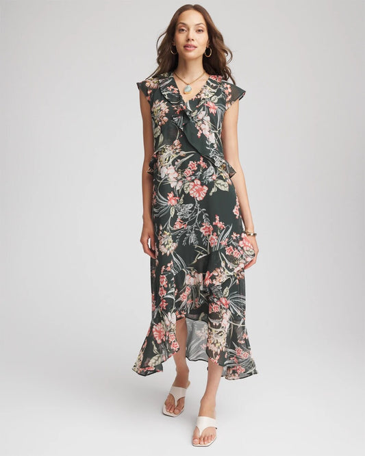 Chico's Women | Petite Floral Ruffle-Trim Chiffon Dress DARKEST SPRUCE