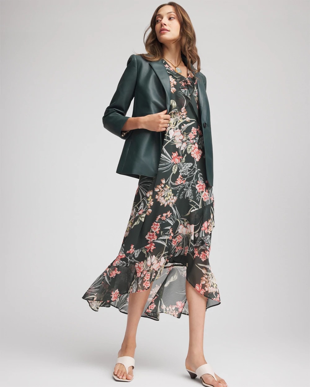 Chico's Women | Petite Floral Ruffle-Trim Chiffon Dress DARKEST SPRUCE