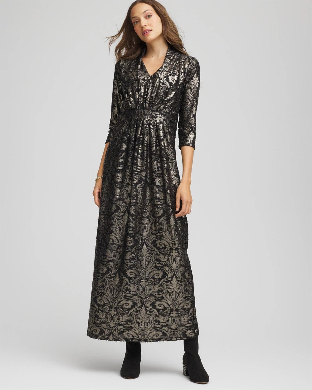 Chico's Women | Petite Foiled Knit Pleated Maxi Dress BLACK