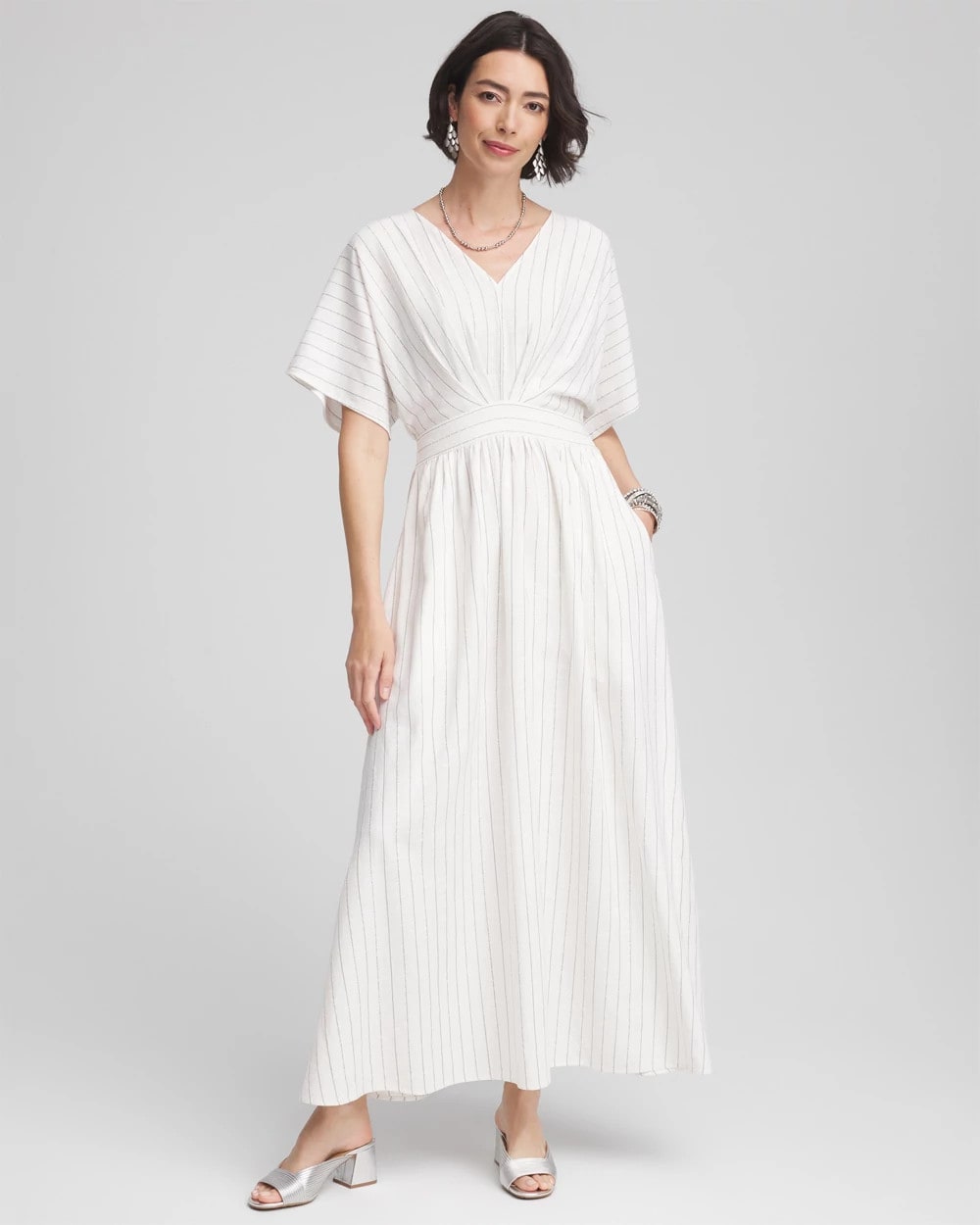 Chico's Women | Metallic Striped Maxi Dress ECRU