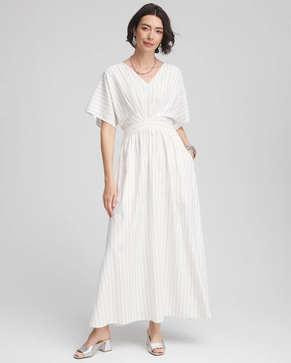 Chico's Women | Metallic Striped Maxi Dress ECRU