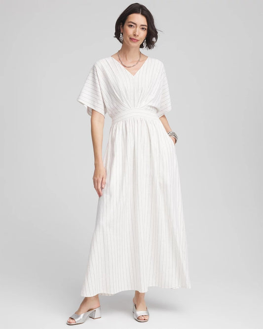 Chico's Women | Metallic Striped Maxi Dress ECRU