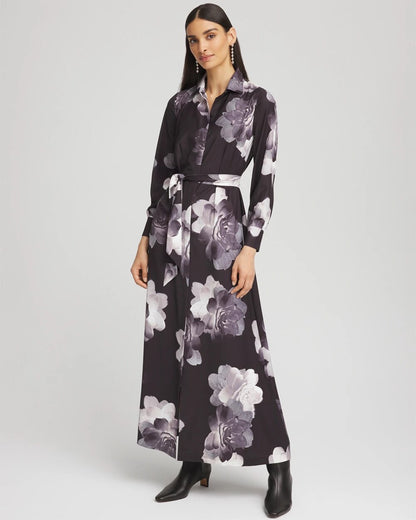 Chico's Women | Petite Floral Print Maxi Shirt Dress BLACK