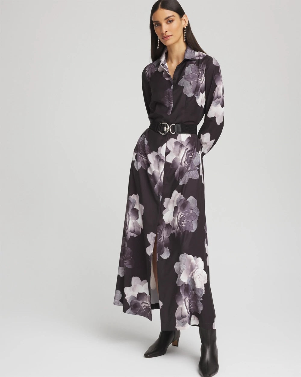 Chico's Women | Petite Floral Print Maxi Shirt Dress BLACK