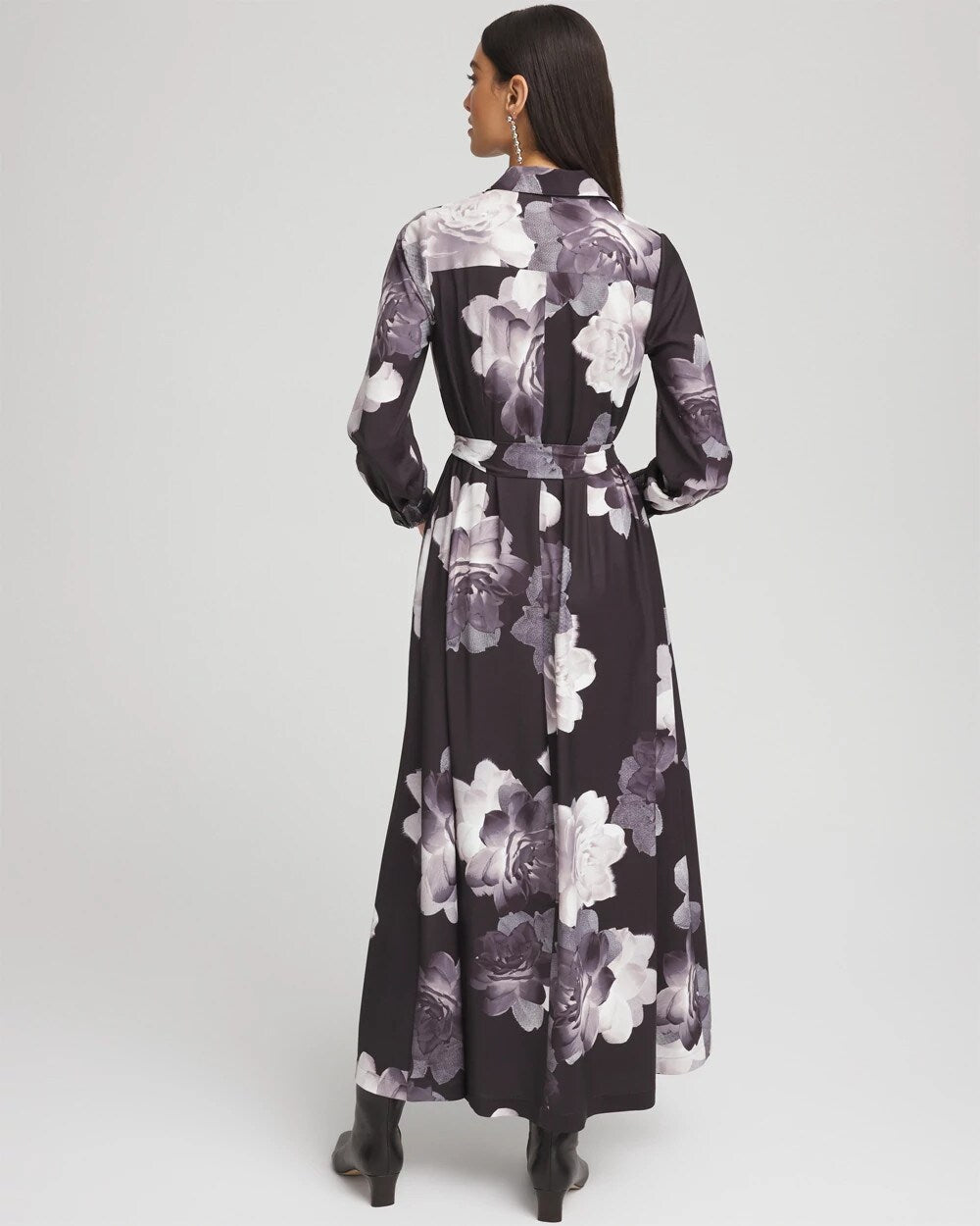 Chico's Women | Petite Floral Print Maxi Shirt Dress BLACK