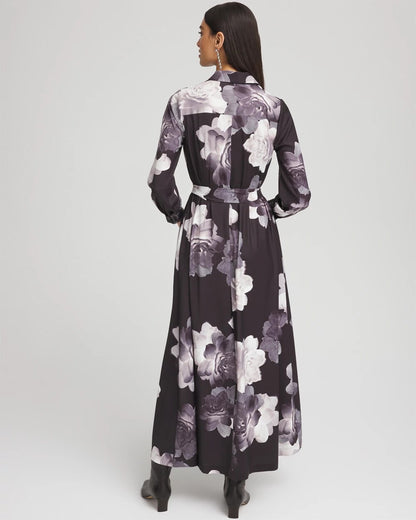 Chico's Women | Petite Floral Print Maxi Shirt Dress BLACK