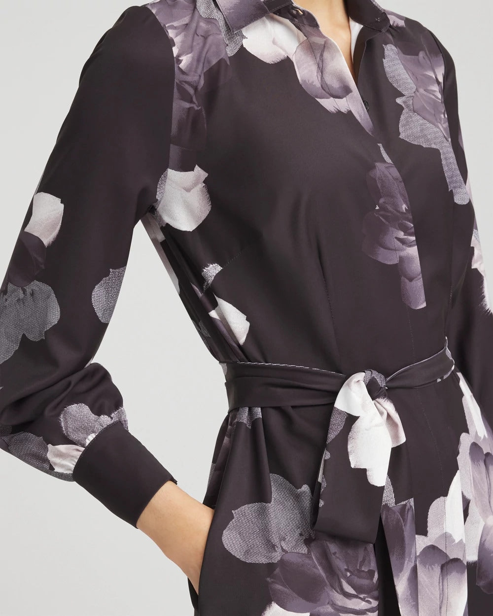 Chico's Women | Petite Floral Print Maxi Shirt Dress BLACK
