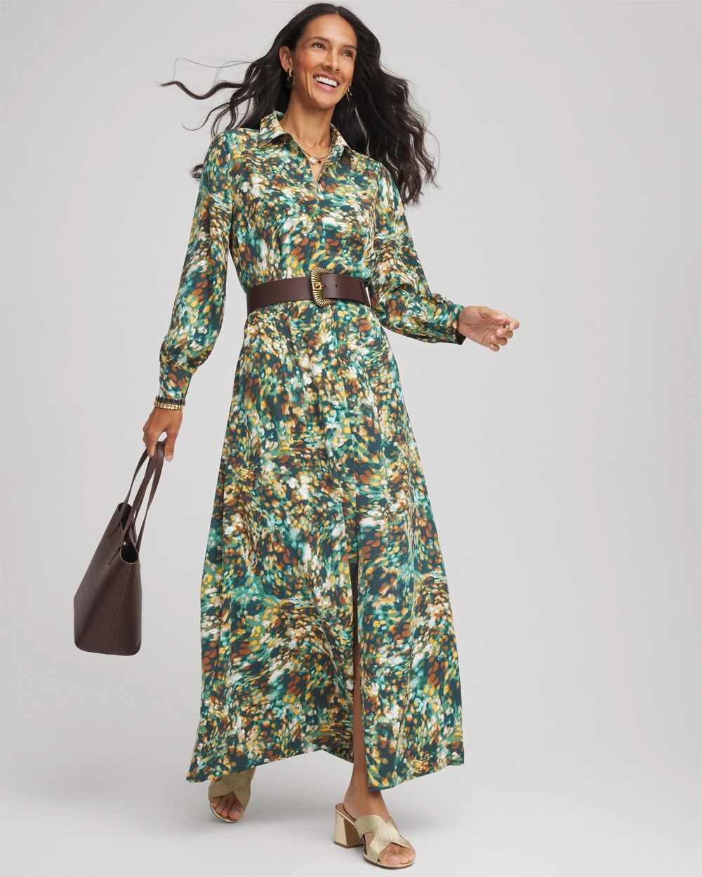 Chico's Women | Petite Printed Long-Sleeved Shirtdress DARKEST SPRUCE