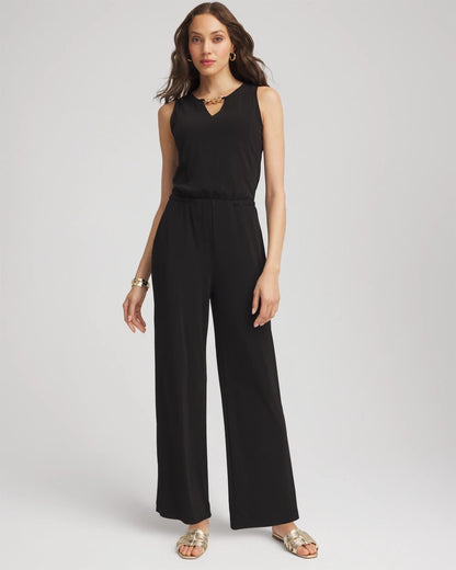 Chico's Women | Petite Travelers™ Jersey Knit Chain-Trim Jumpsuit BLACK