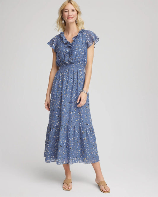 Chico's Women | Petite Textured Ruffled-Placket Maxi Dress BLUE LOTUS