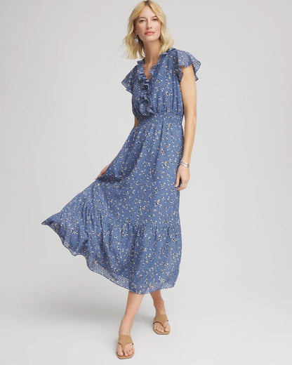 Chico's Women | Petite Textured Ruffled-Placket Maxi Dress BLUE LOTUS