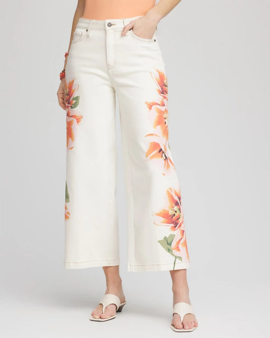 Chico's Women | Petite Floral High-Rise Wide-Leg Cropped Jeans SEA SALT